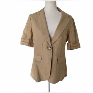 Cabi Tan 100% Linen Short Sleeve Button Front Blazer Jacket Size Medium Classic